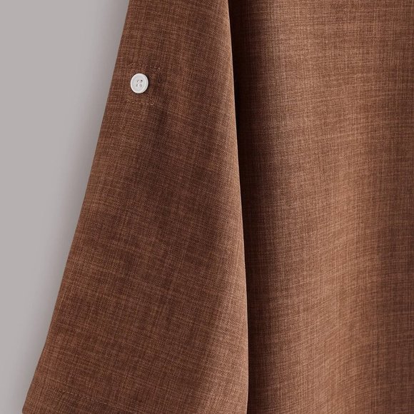 Coffee Brown Preppy Womens Men Half Button Roll Up Sleeve Shirt - Picture 3 of 4
